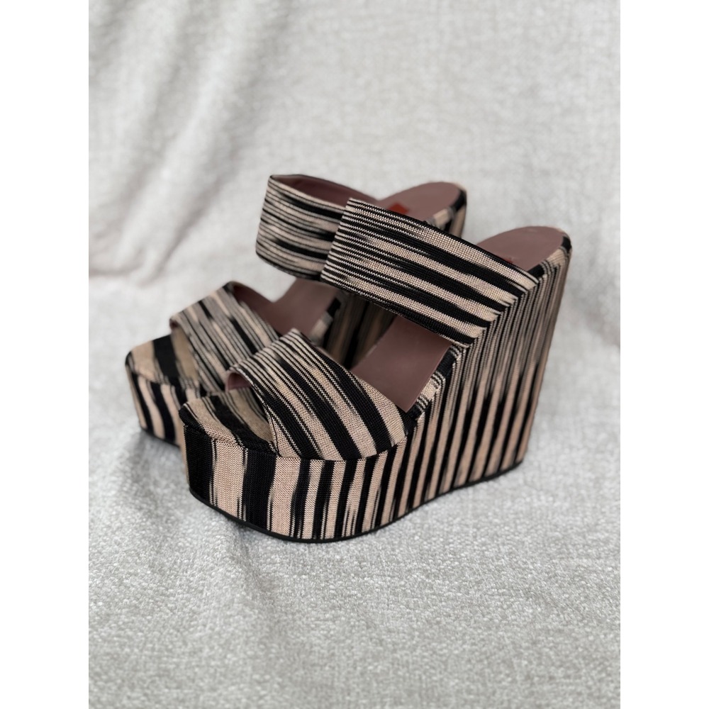 Missoni Striped Knit Platform Wedge Sandals Black Beige Made in Italy Size 38.5